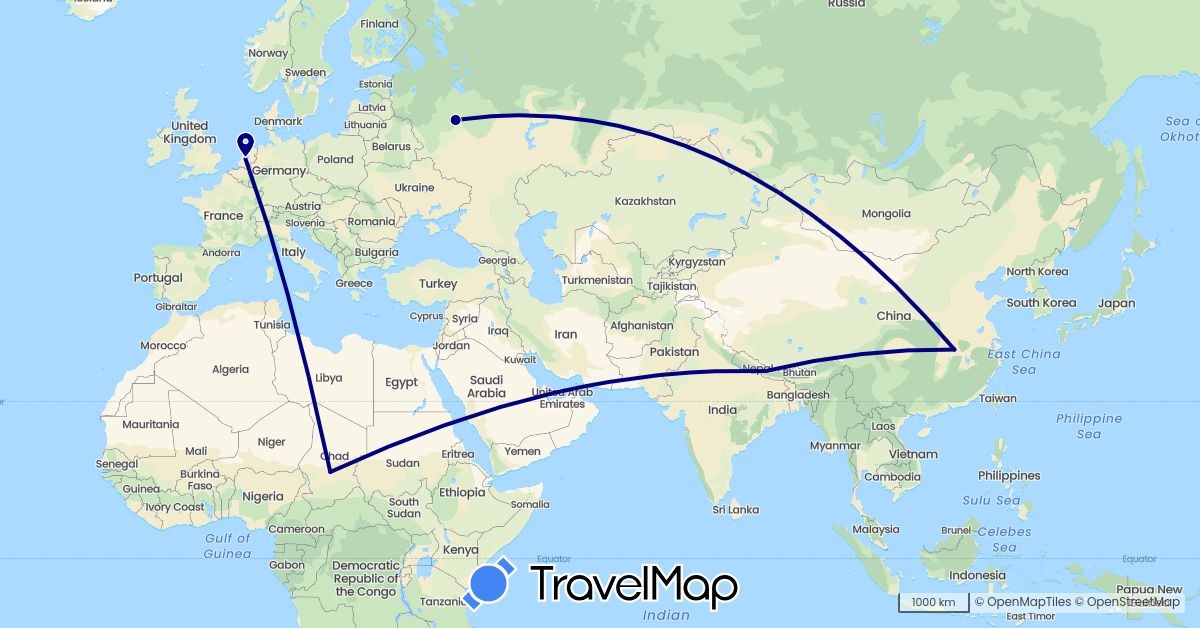 TravelMap itinerary: driving in China, Netherlands, Nepal, Russia, Chad (Africa, Asia, Europe)